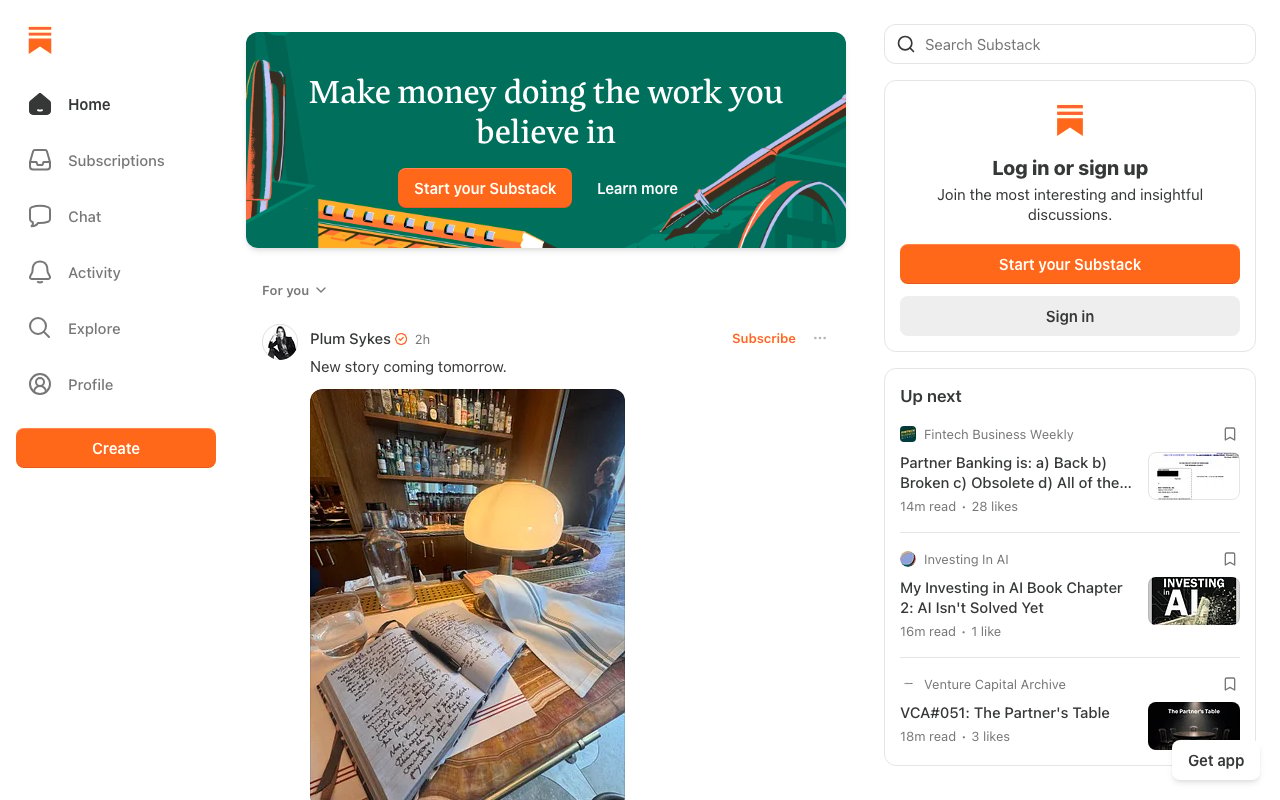 Substack homepage for newsletters and audience building