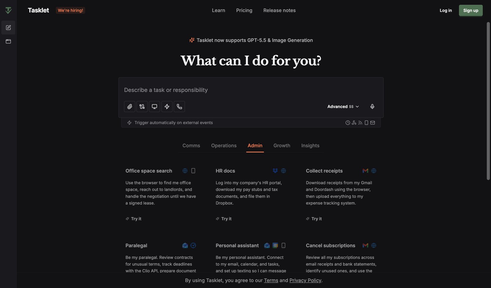 Tasklet.ai homepage showing the AI agent automation platform