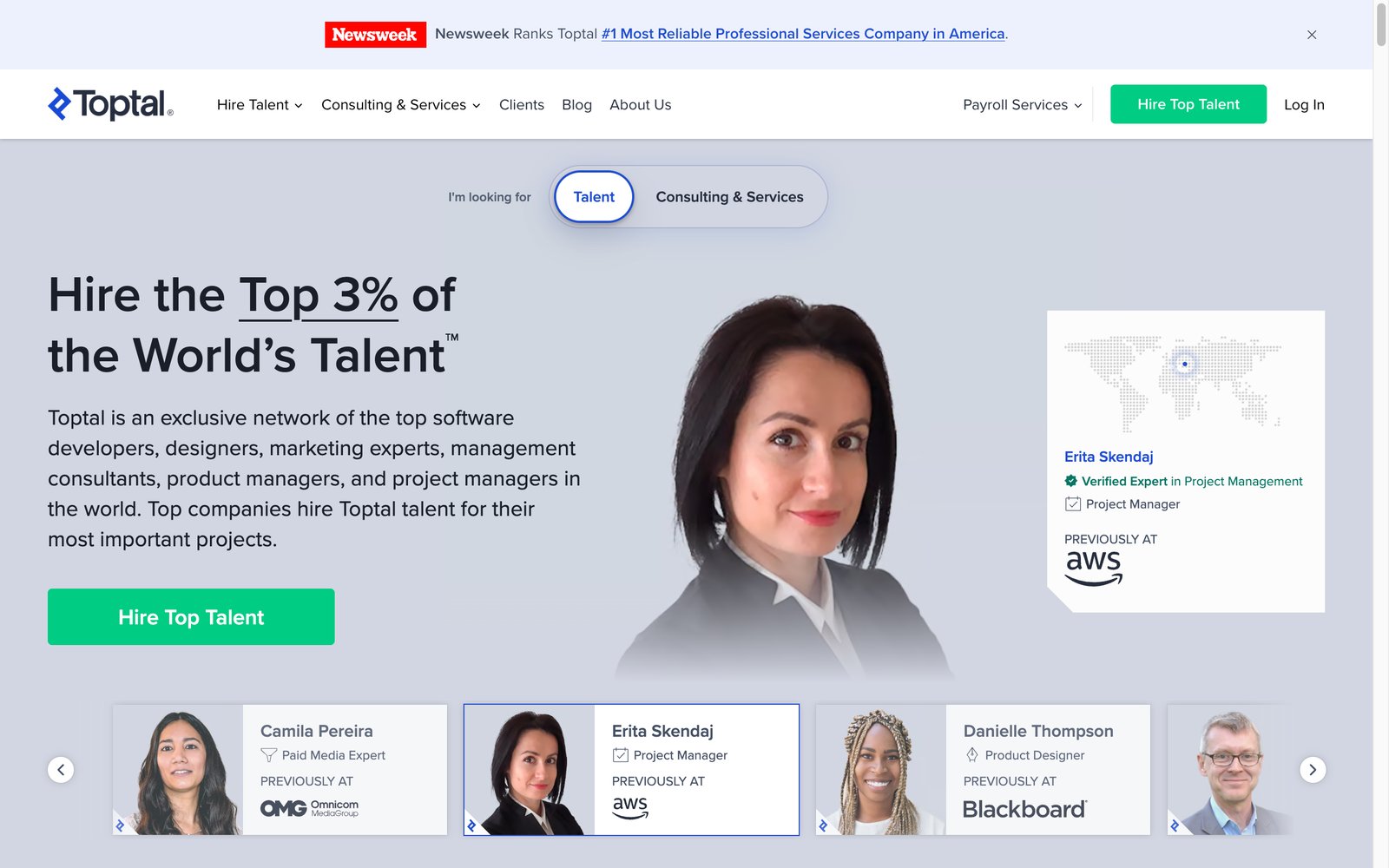Toptal homepage: network of top freelance developers