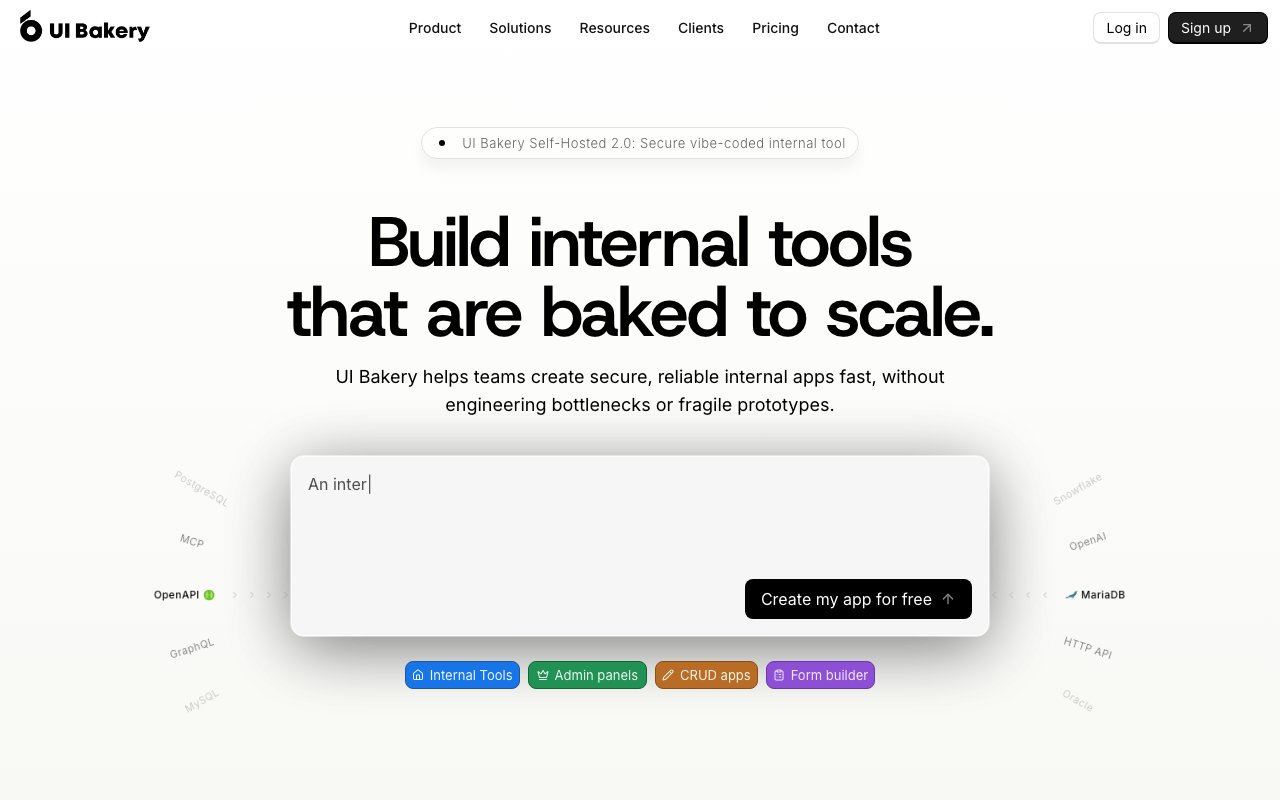 UI Bakery homepage showing internal tools and dashboards platform