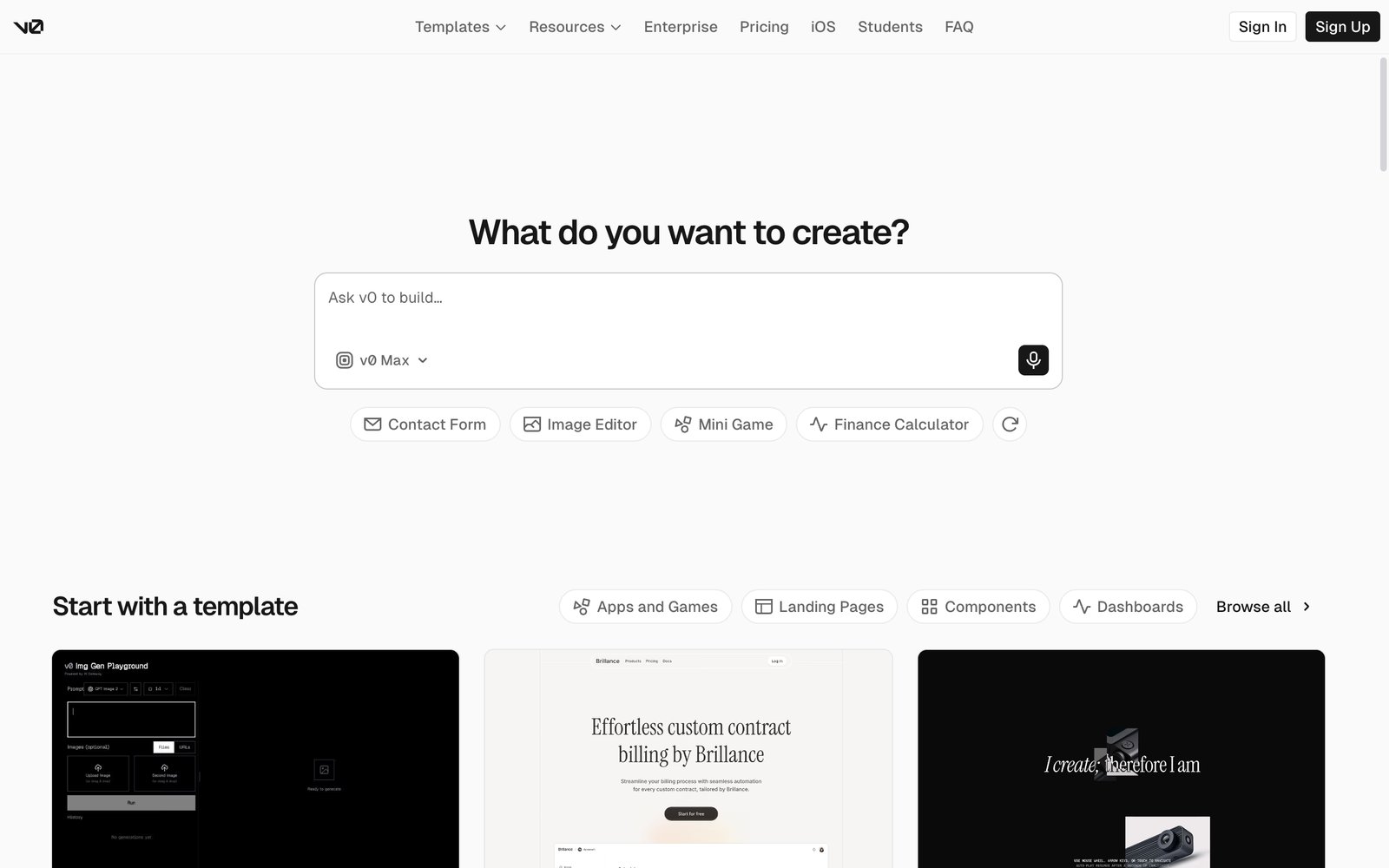 v0 by Vercel homepage: generate production-ready interfaces from a prompt