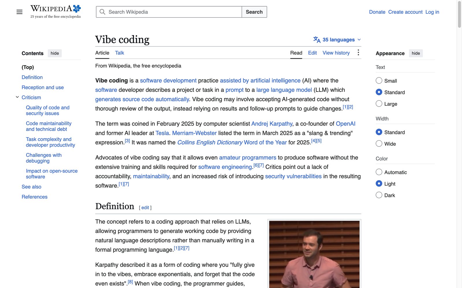 The Wikipedia entry for vibe coding, noting Karpathy coined it in February 2025 and Collins named it Word of the Year