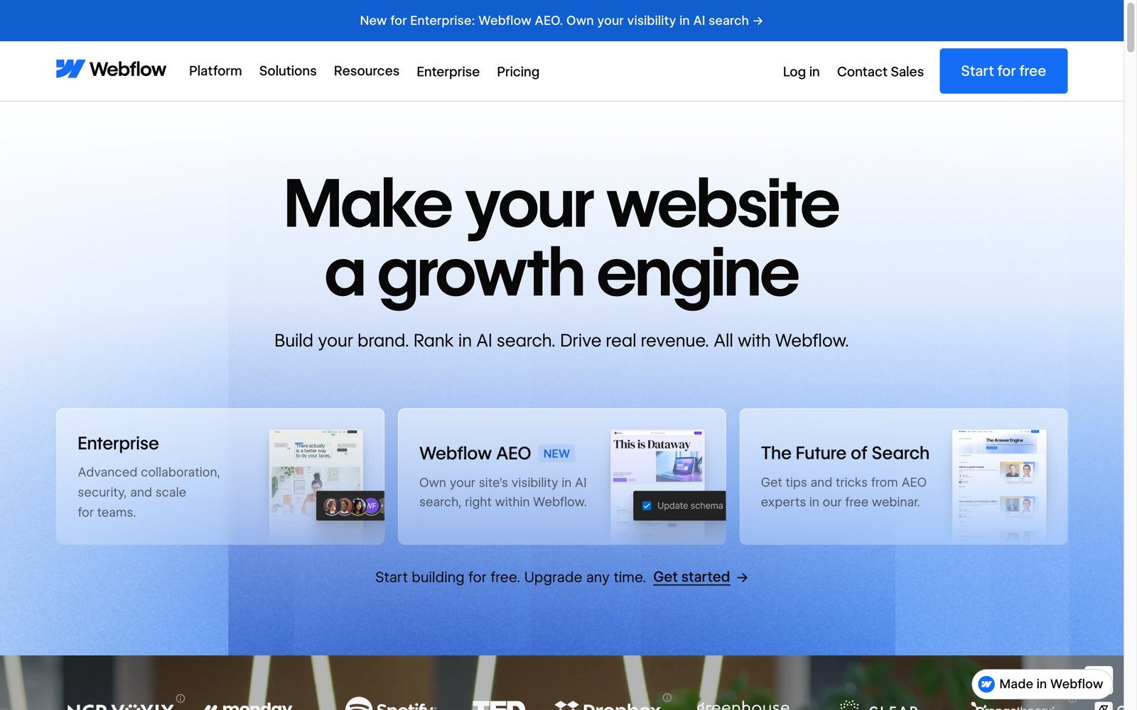 Webflow homepage: make your website a growth engine