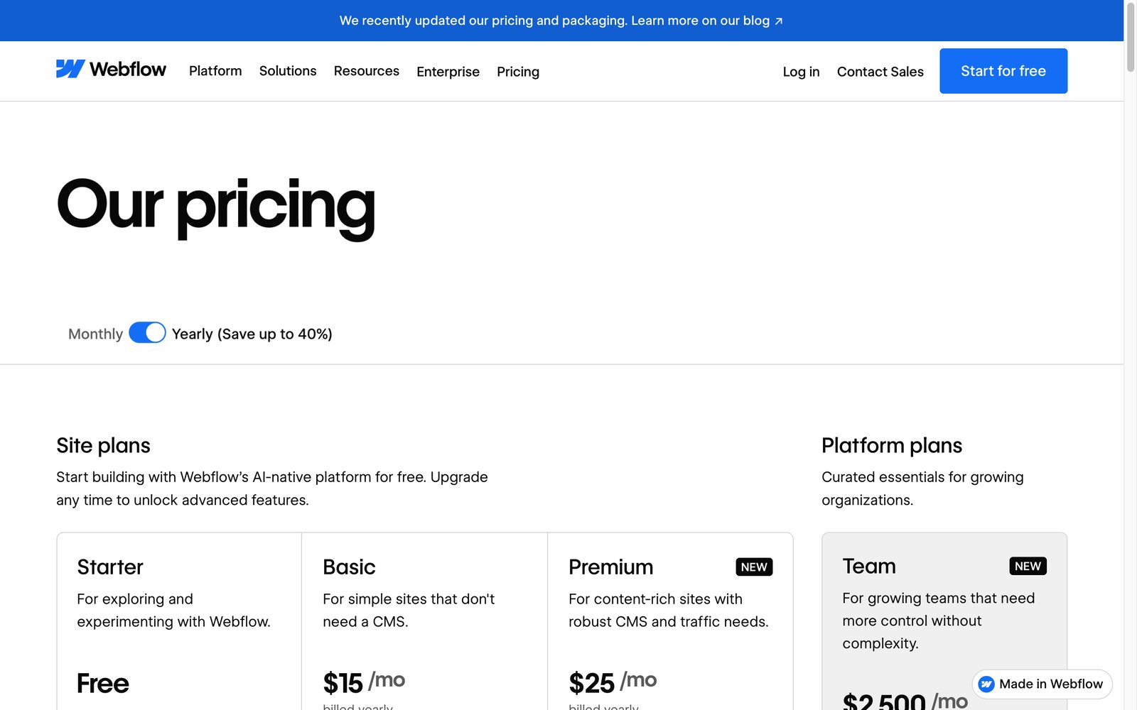 Webflow's pricing page: free Starter, Basic $15/month, Premium $25/month