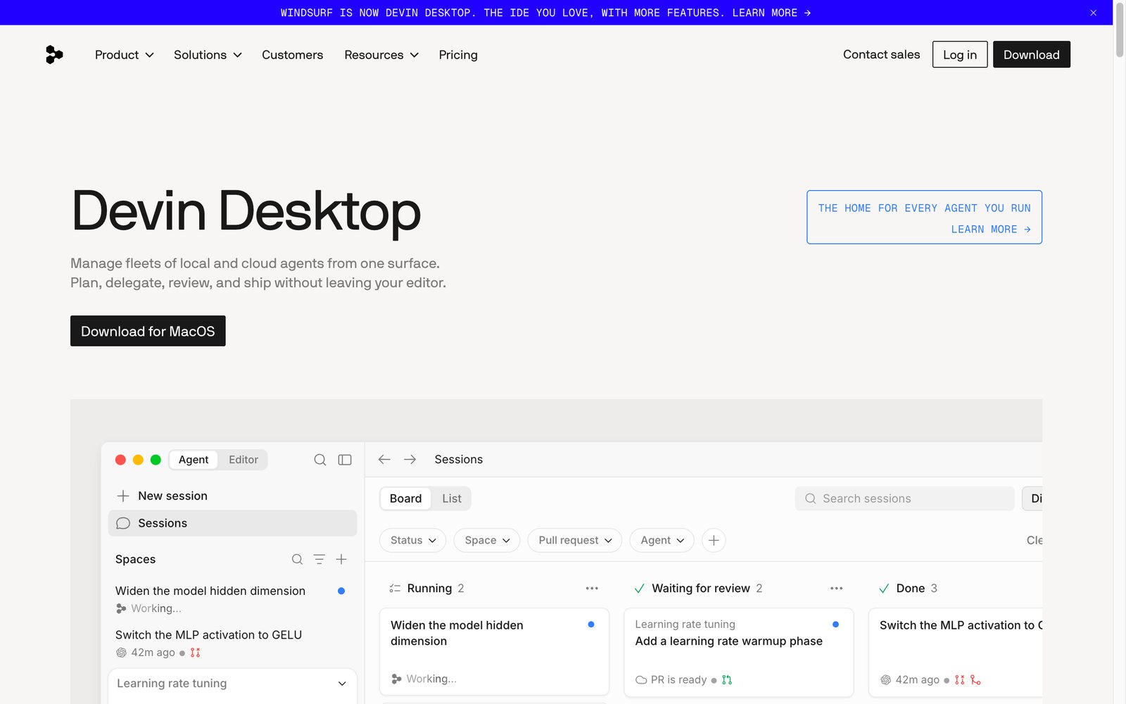 Windsurf, now Devin Desktop, showing the agent command center
