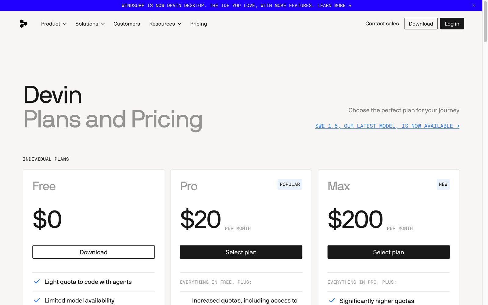 Windsurf's pricing page, now branded Devin: Free, Pro $20, Max $200