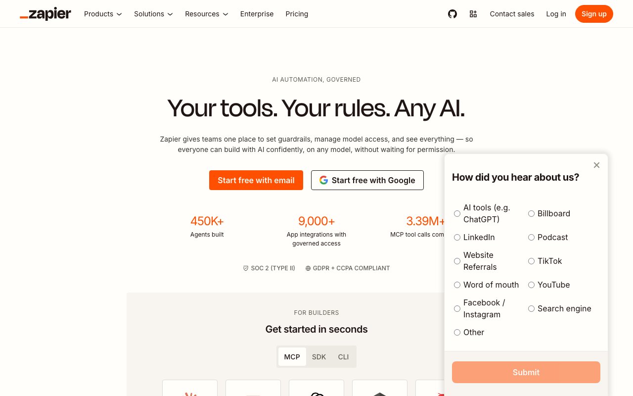 Zapier homepage showing automation workflows
