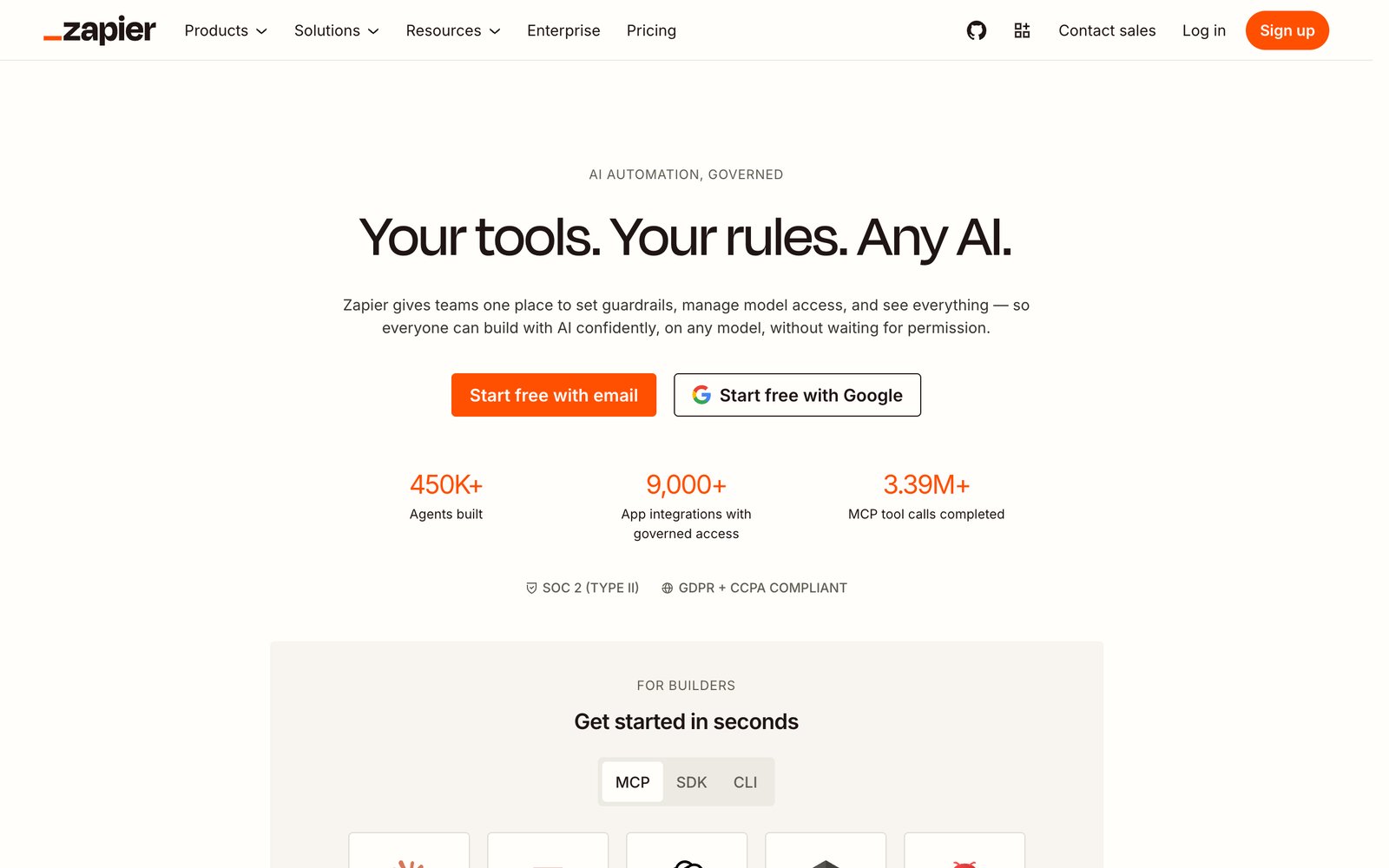 Zapier homepage: your tools, your rules, any AI