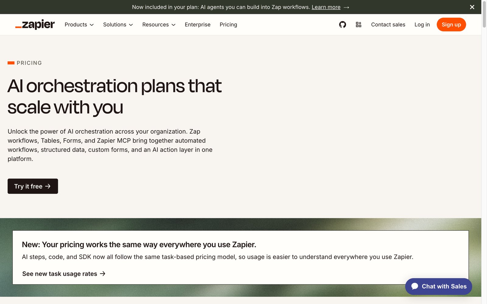 Zapier's pricing page showing task-based plans