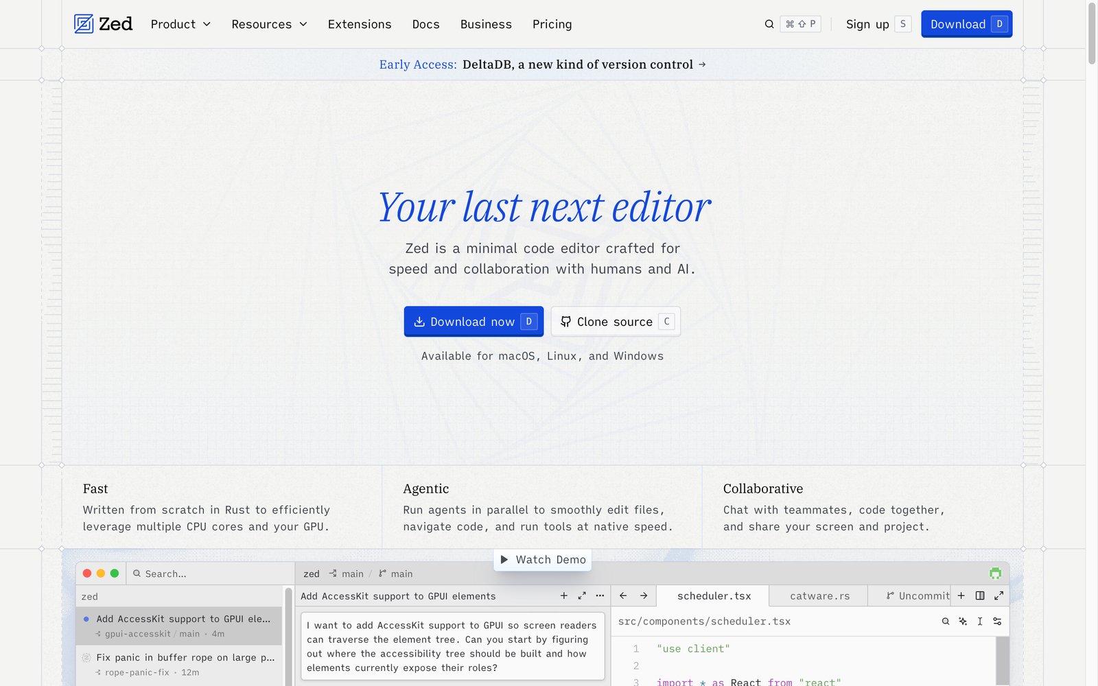 Zed homepage: the fast, collaborative code editor built in Rust