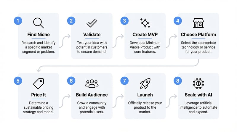 8 steps to selling digital products in 2026: find niche, validate, create, choose platform, price, build audience, launch, scale with AI