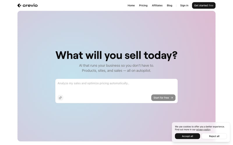 Crevio AI-powered business platform homepage