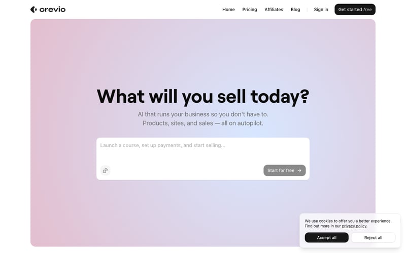 Crevio homepage showing AI-powered creator commerce platform