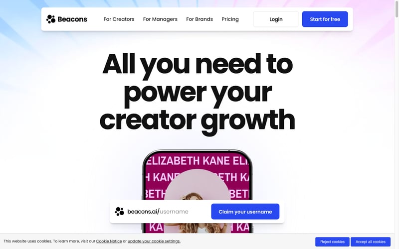 Beacons homepage showing creator toolkit features