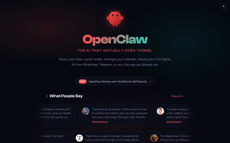 OpenClaw homepage showing the open-source AI agent platform
