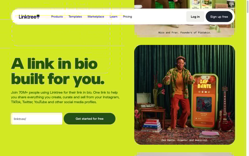 Linktree homepage showing link-in-bio builder