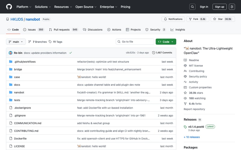 Nanobot homepage showing the minimalist AI agent platform
