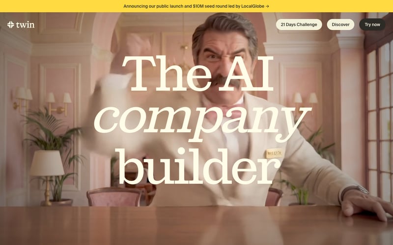 Twin homepage showing the AI company builder platform