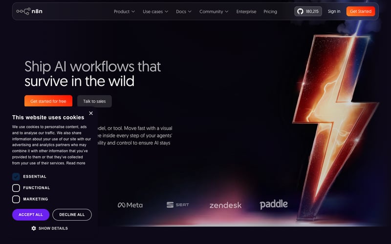 n8n homepage showing open-source AI workflow automation platform